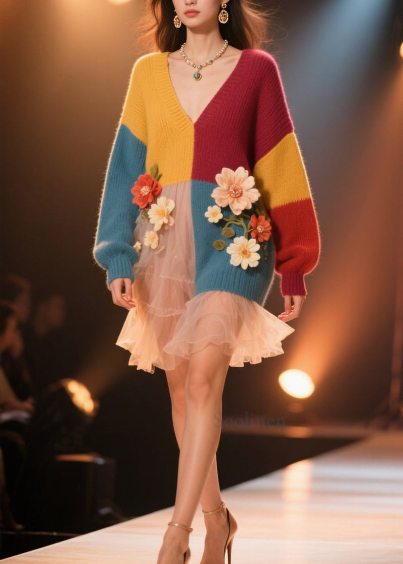 Colorblock V Neck Knit Sweater Dress Fall