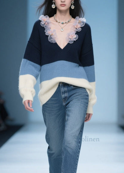 Colorblock V Neck Knit Sweater Fall