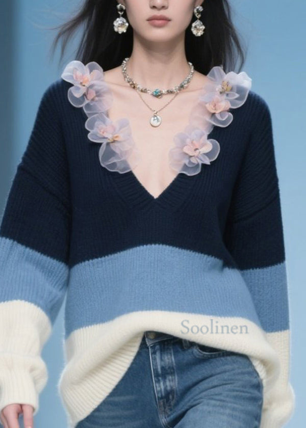 Colorblock V Neck Knit Sweater Fall