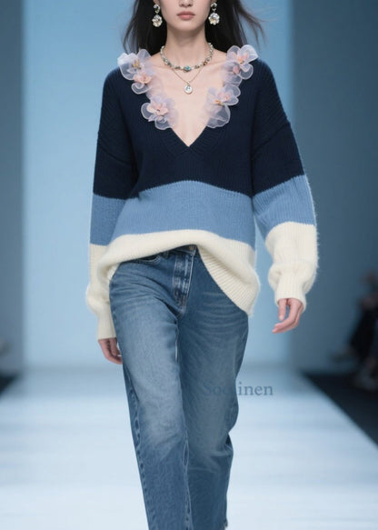 Colorblock V Neck Knit Sweater Fall