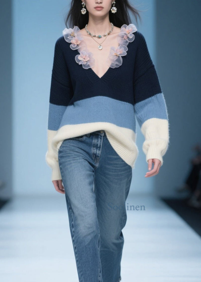 Colorblock V Neck Knit Sweater Fall