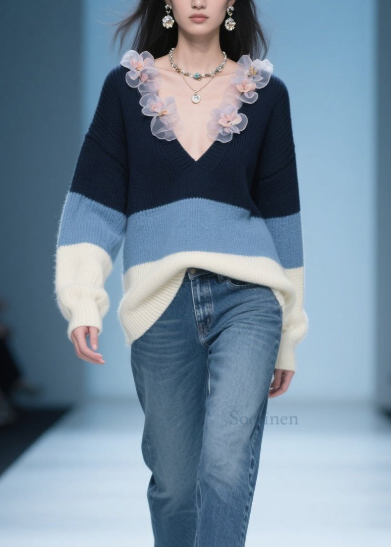 Colorblock V Neck Knit Sweater Fall