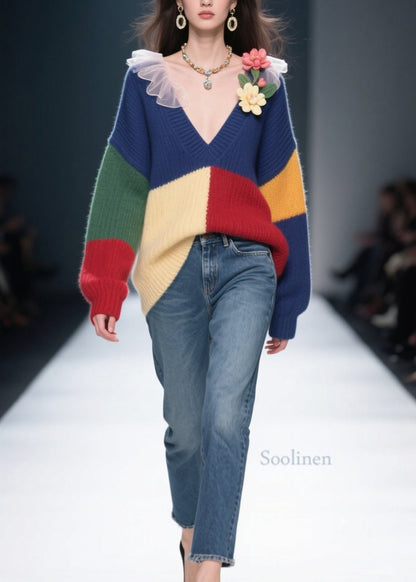 Colorblock V Neck Knit Sweaters Winter