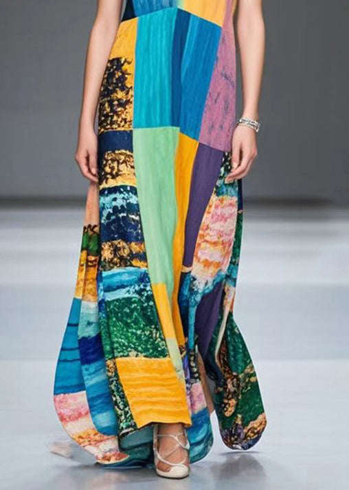 Colorblock V Neck Patchwork Chiffon Robe Dresses Summer