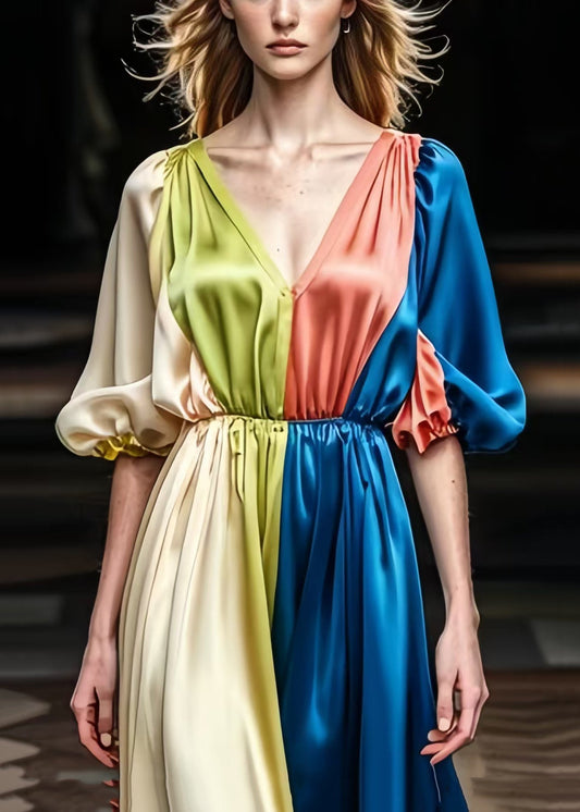 Colorblock V Neck Patchwork Draping Silk Dress Summer