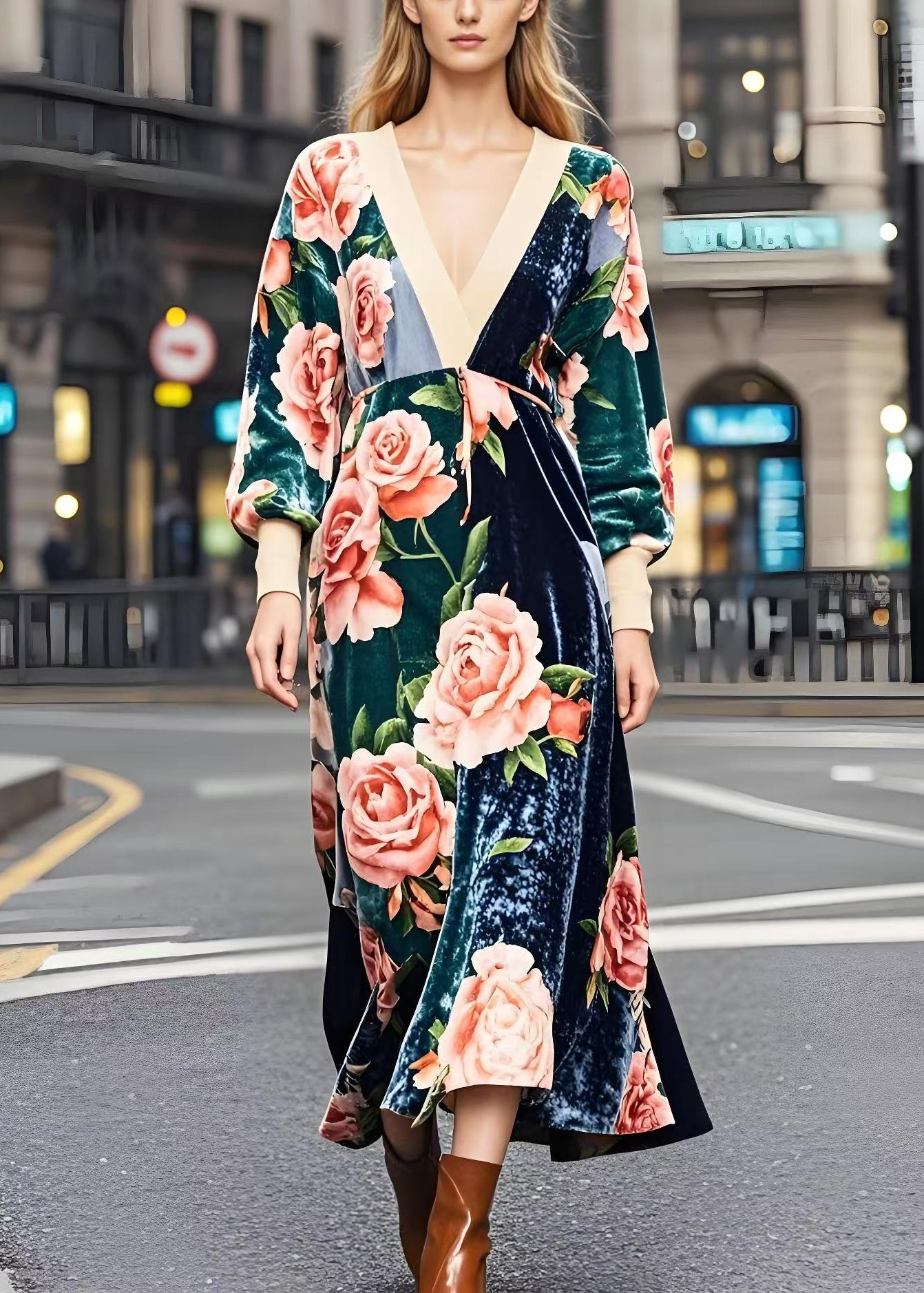 Colorblock V Neck Patchwork Print Silk Velvet Dresses Spring