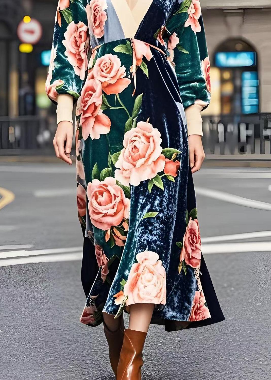 Colorblock V Neck Patchwork Print Silk Velvet Dresses Spring