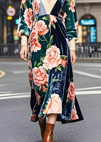 Colorblock V Neck Patchwork Print Silk Velvet Dresses Spring