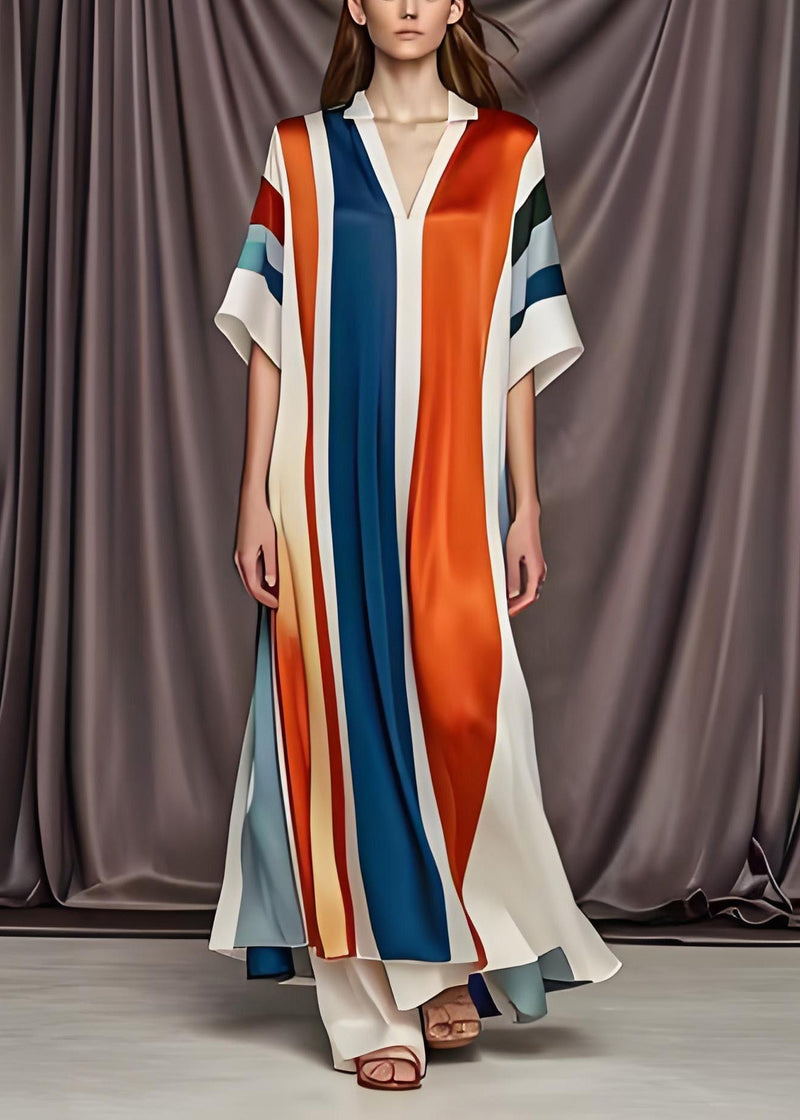 Colorblock V Neck Patchwork Silk Maxi Dress Summer