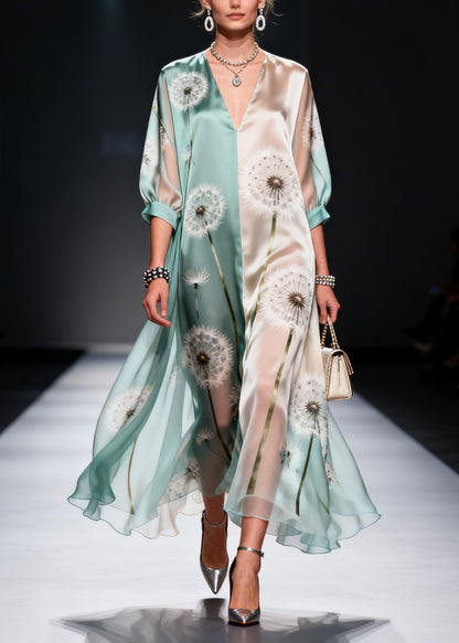 Colorblock V Neck Print Chiffon Maxi Dresses Summer