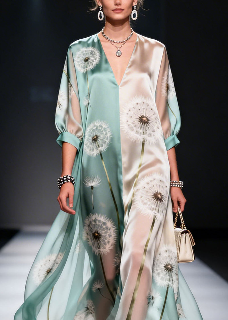 Colorblock V Neck Print Chiffon Maxi Dresses Summer