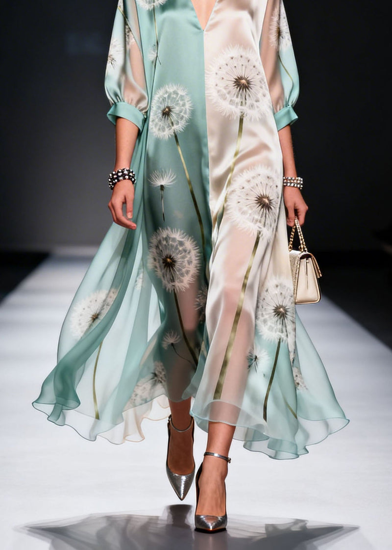 Colorblock V Neck Print Chiffon Maxi Dresses Summer