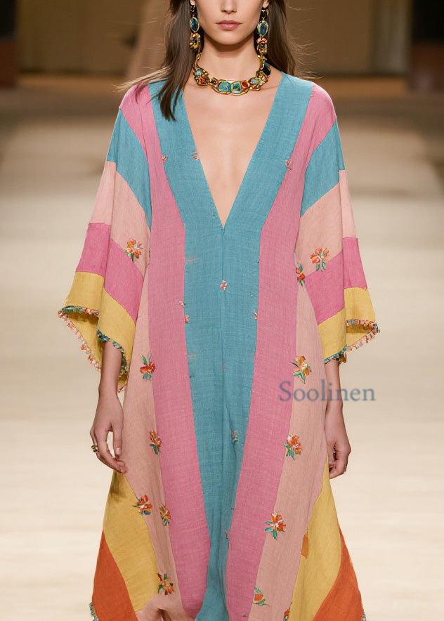 Colorblock V Neck Print Cotton Dress Summer