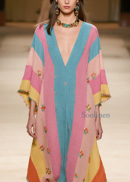 Colorblock V Neck Print Cotton Dress Summer