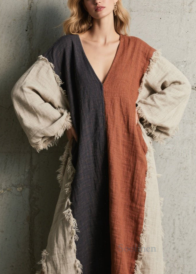 Colorblock V Neck Tassel Patchwork Cotton Dress Fall