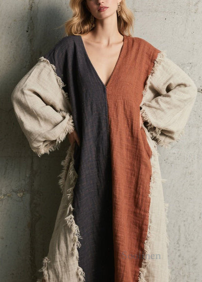 Colorblock V Neck Tassel Patchwork Cotton Dress Fall