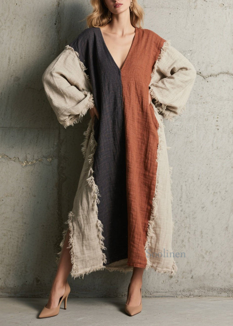 Colorblock V Neck Tassel Patchwork Cotton Dress Fall