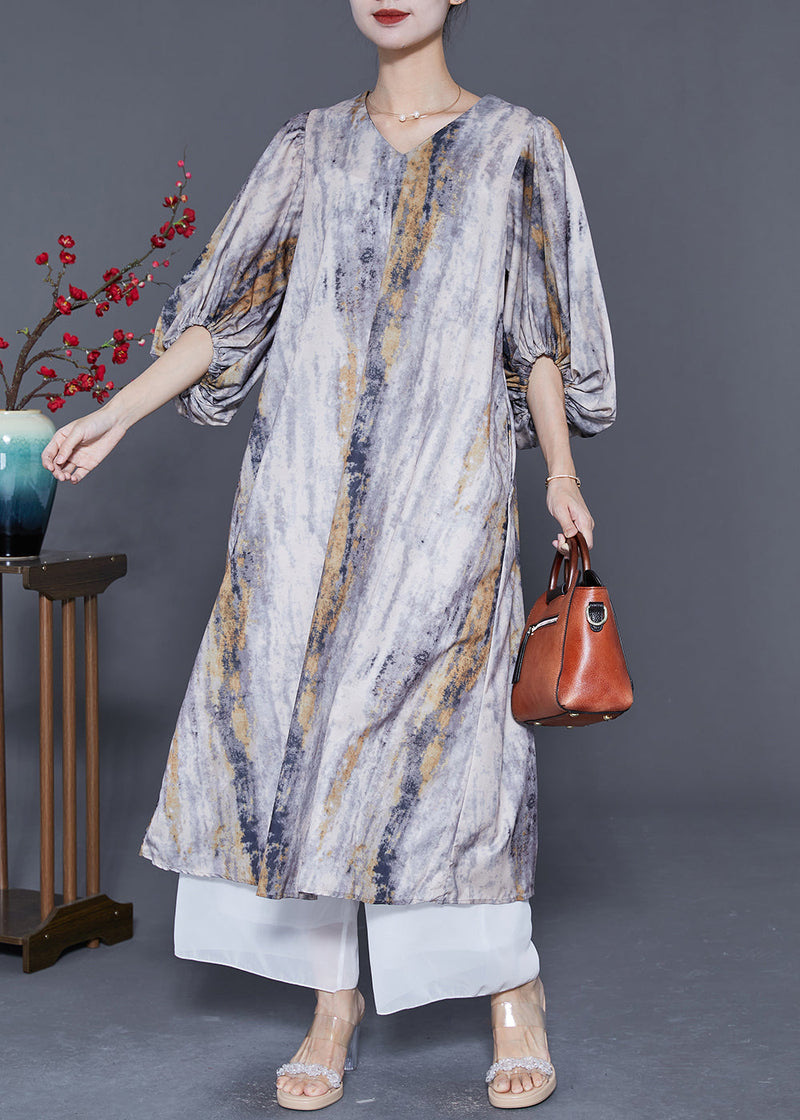 Colorblock V Neck Tie Dye Silk Dress Lantern Sleeve