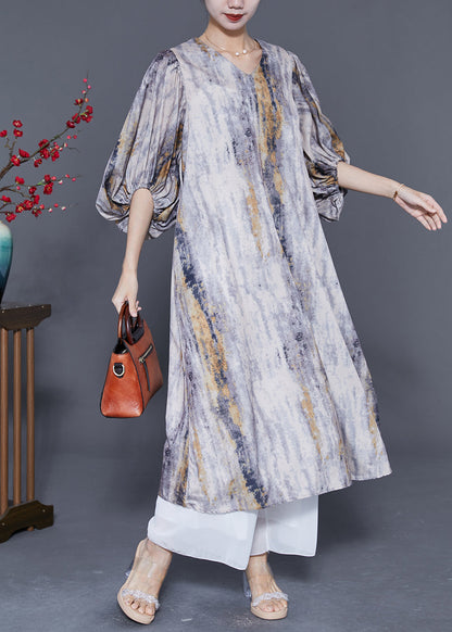 Colorblock V Neck Tie Dye Silk Dress Lantern Sleeve