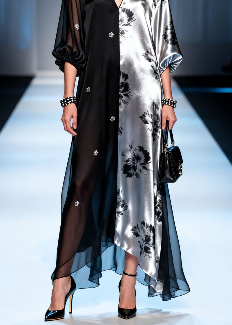 Colorblock V Neck Zircon Patchwork Chiffon Dress Summer