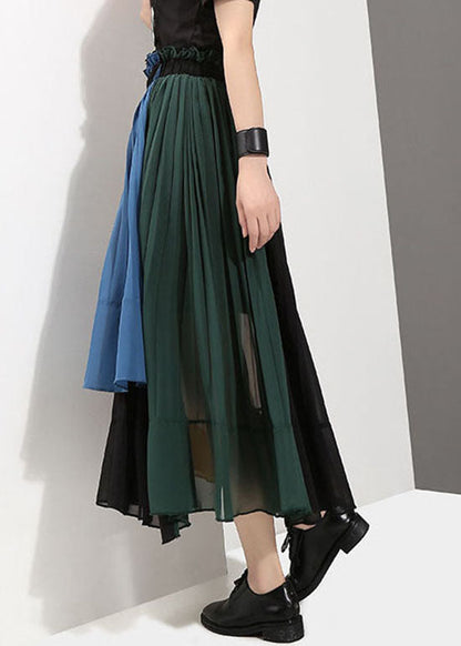 Colorblock Elastic Waist Patchwork Chiffon Pleated Skirt Spring