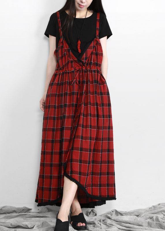 Cotton Red Plaid Italian Dress V Neck