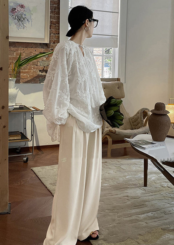 Cozy White Embroideried Cotton Shirt Tops Fall