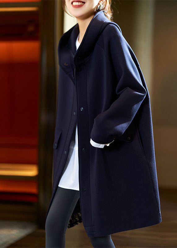 Dark Blue Button Hooded Fleece Coats Fall