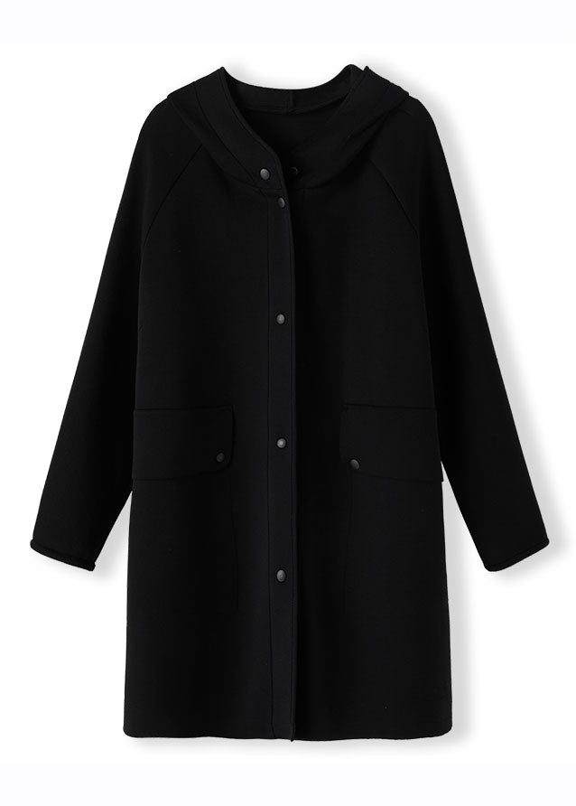 Dark Blue Button Hooded Fleece Coats Fall