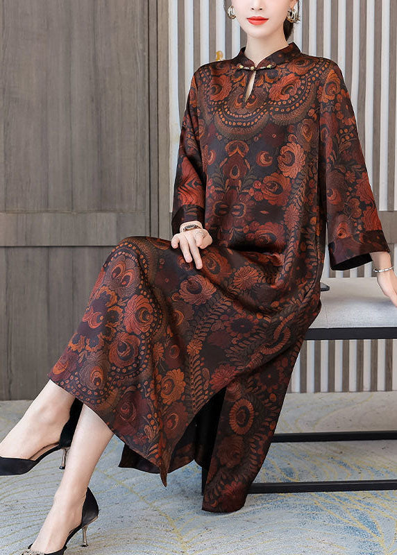 Dark Brown Print Mandarin Collar Silk a Line Dress Spring