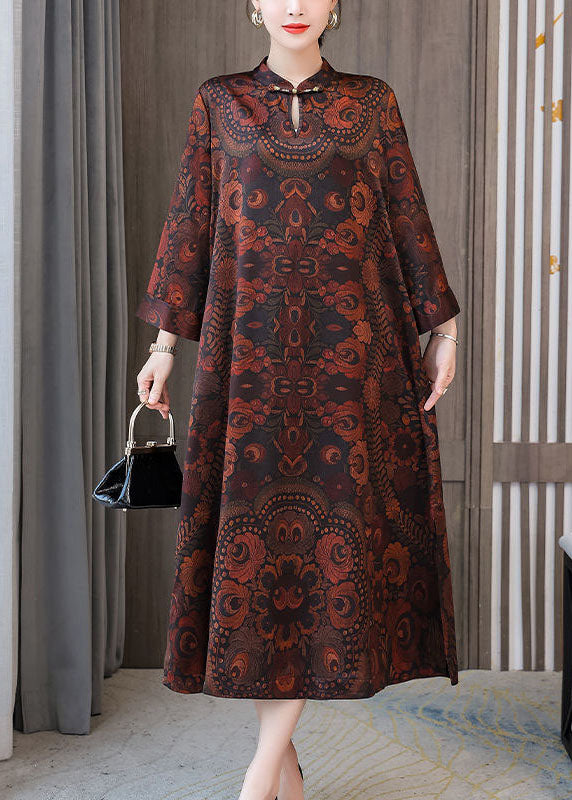 Dark Brown Print Mandarin Collar Silk a Line Dress Spring
