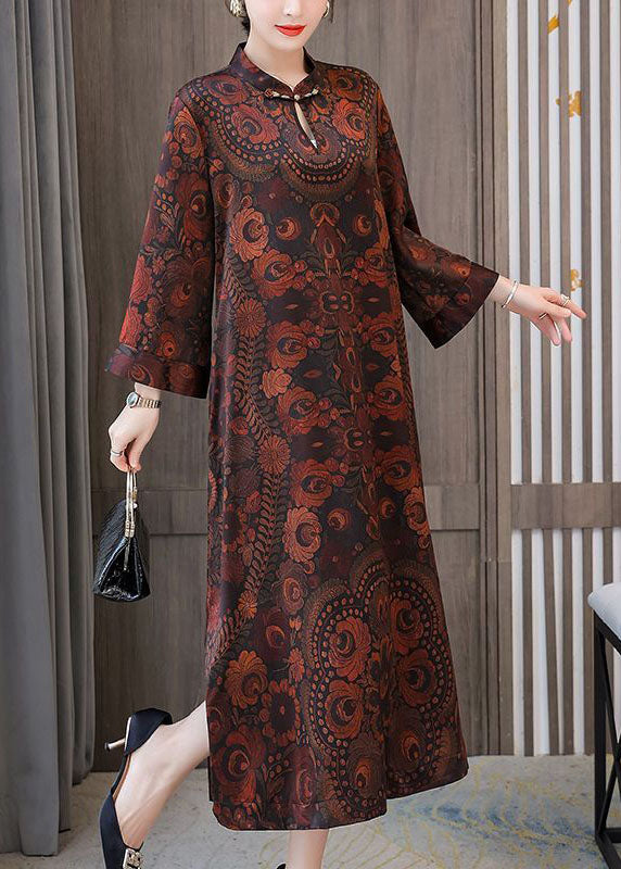 Dark Brown Print Mandarin Collar Silk a Line Dress Spring
