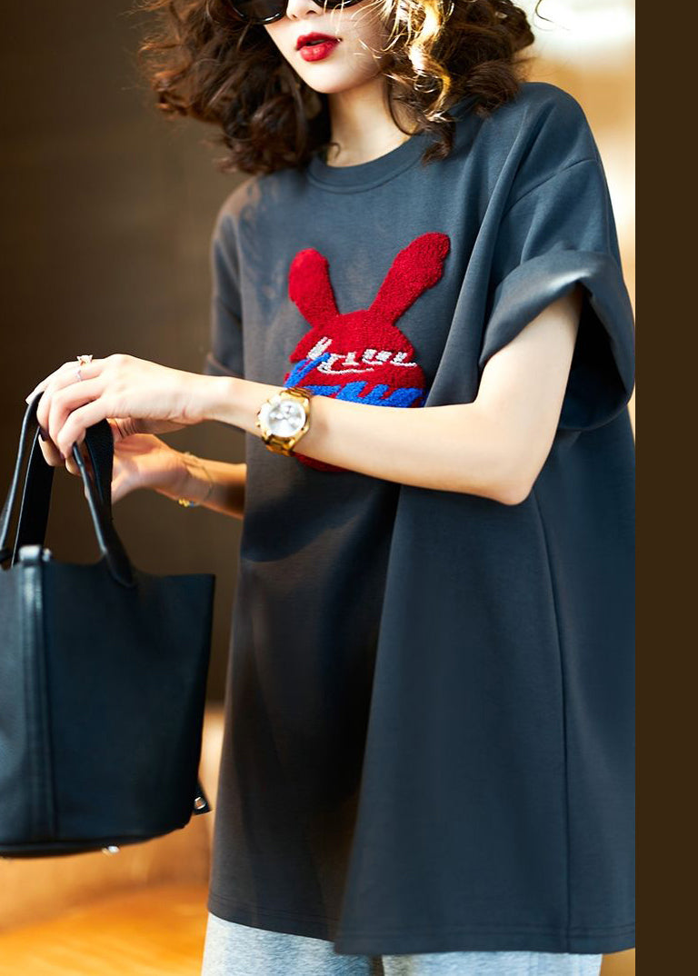 Dark Gray O Neck Print Cotton T Shirt Short Sleeve