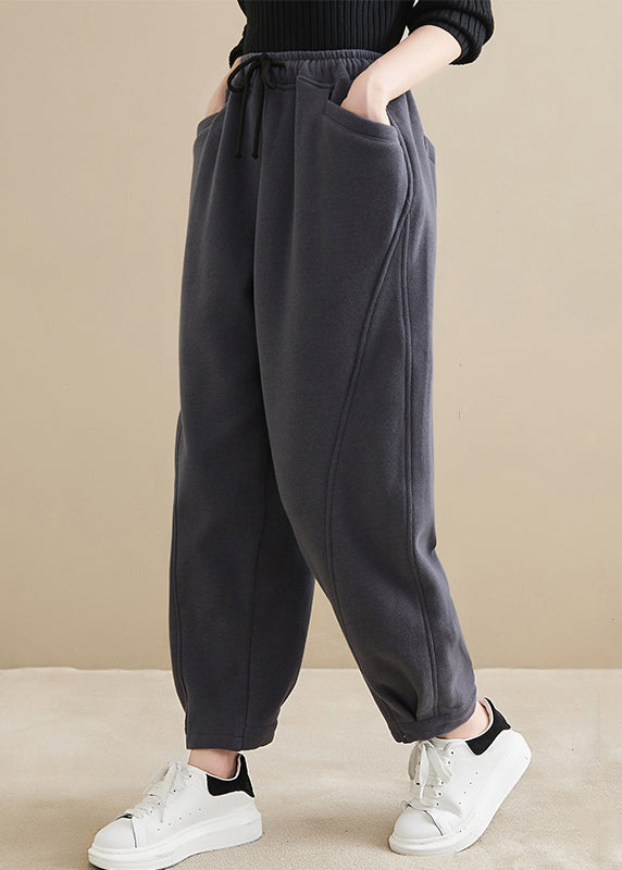 Dark Gray Pockets Elastic Waist Warm Fleece Crop Pants