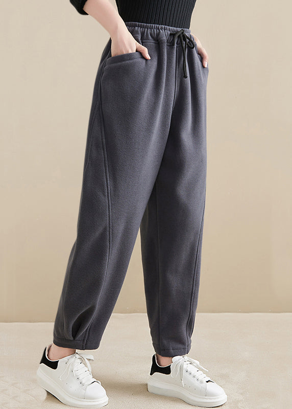 Dark Gray Pockets Elastic Waist Warm Fleece Crop Pants