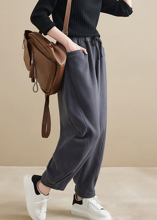 Dark Gray Pockets Elastic Waist Warm Fleece Crop Pants
