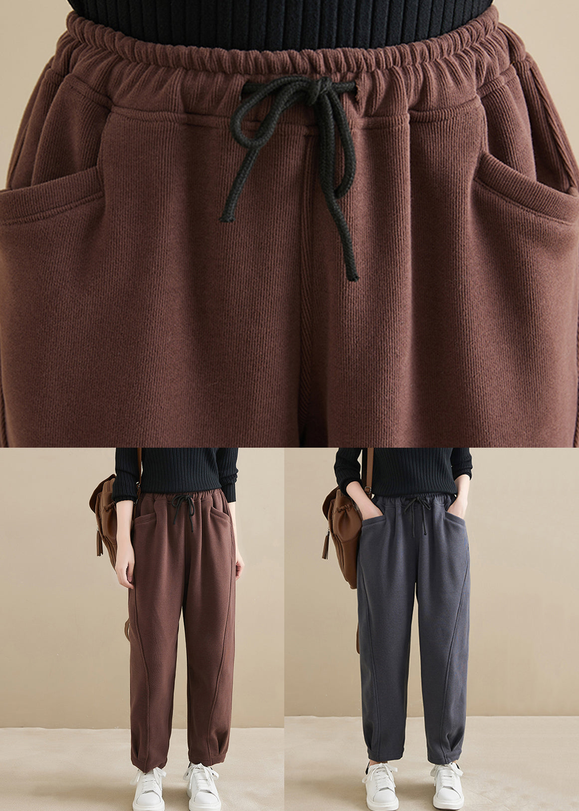 Dark Gray Pockets Elastic Waist Warm Fleece Crop Pants