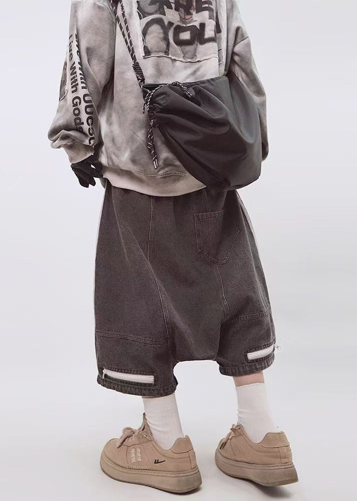 Dark Gray Striped Zippered Elastic Waist Shorts Summer