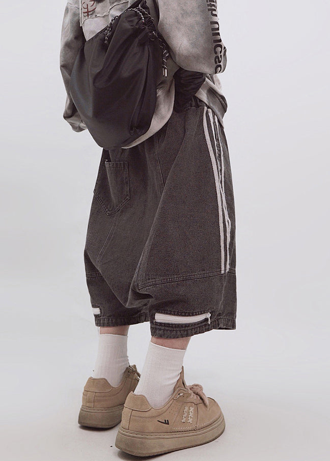 Dark Gray Striped Zippered Elastic Waist Shorts Summer