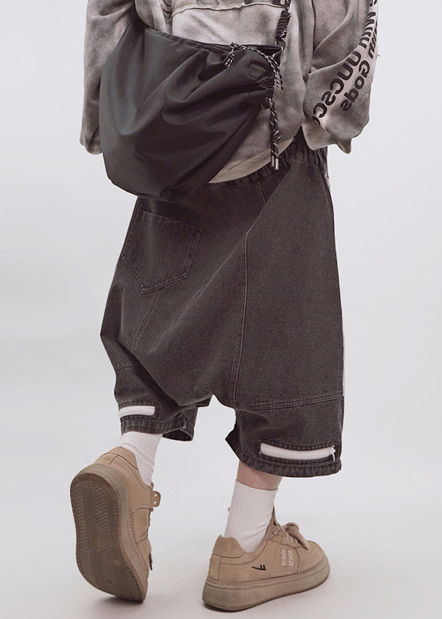 Dark Gray Striped Zippered Elastic Waist Shorts Summer