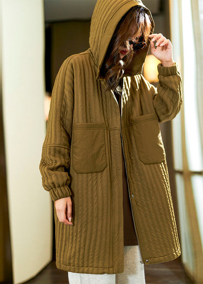 Dark Green Zippered Hooded Pockets Fine Cotton Filled Coat Winter