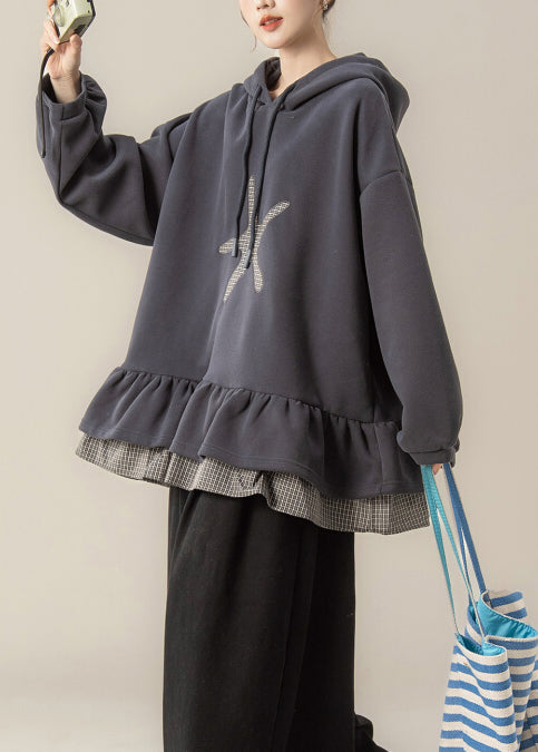 Dark Grey False Two Pieces Patchwork Hooded Cotton Sweatshirts Spring