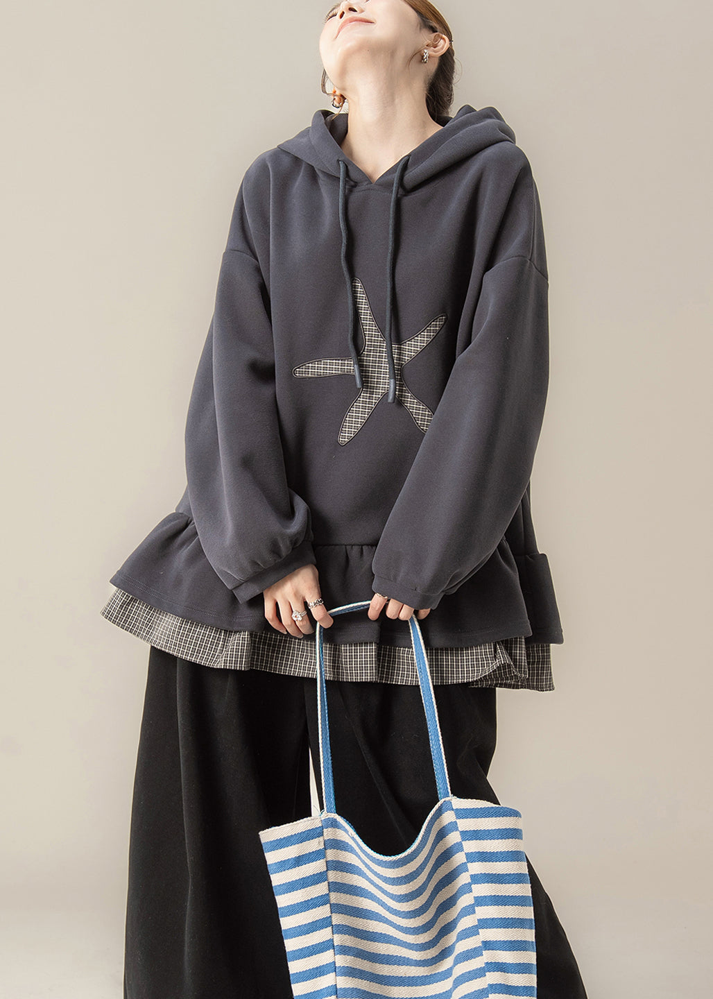 Plus Size Dark Grey False Two Pieces Patchwork Hooded Cotton Sweatshirts Spring