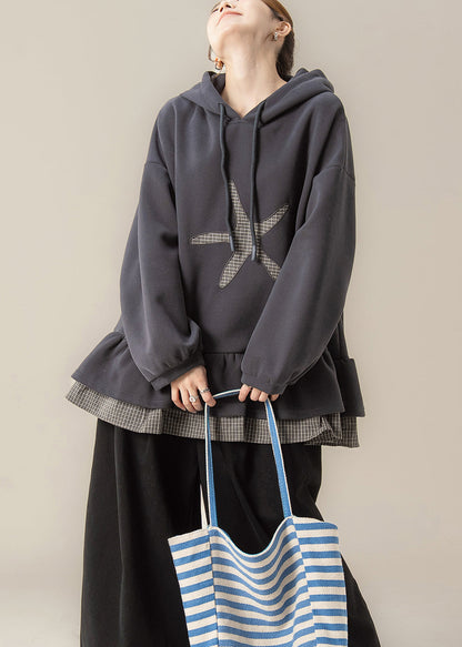 Plus Size Dark Grey False Two Pieces Patchwork Hooded Cotton Sweatshirts Spring