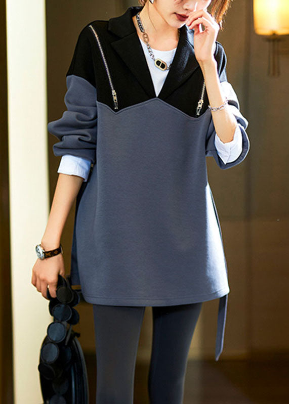 Dark Grey Notched Zippered Patchwork Sweatshirts Long Sleeve