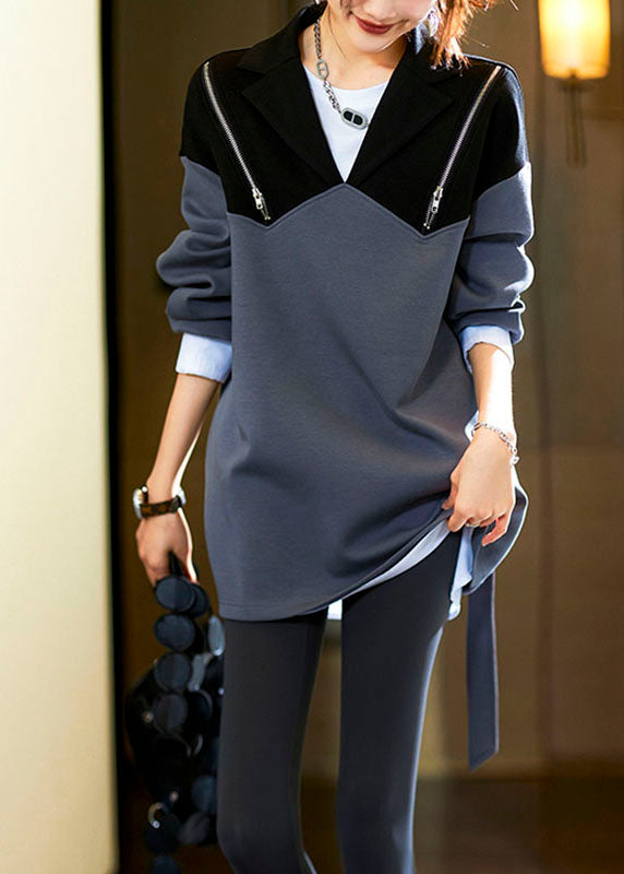 Dark Grey Notched Zippered Patchwork Sweatshirts Long Sleeve