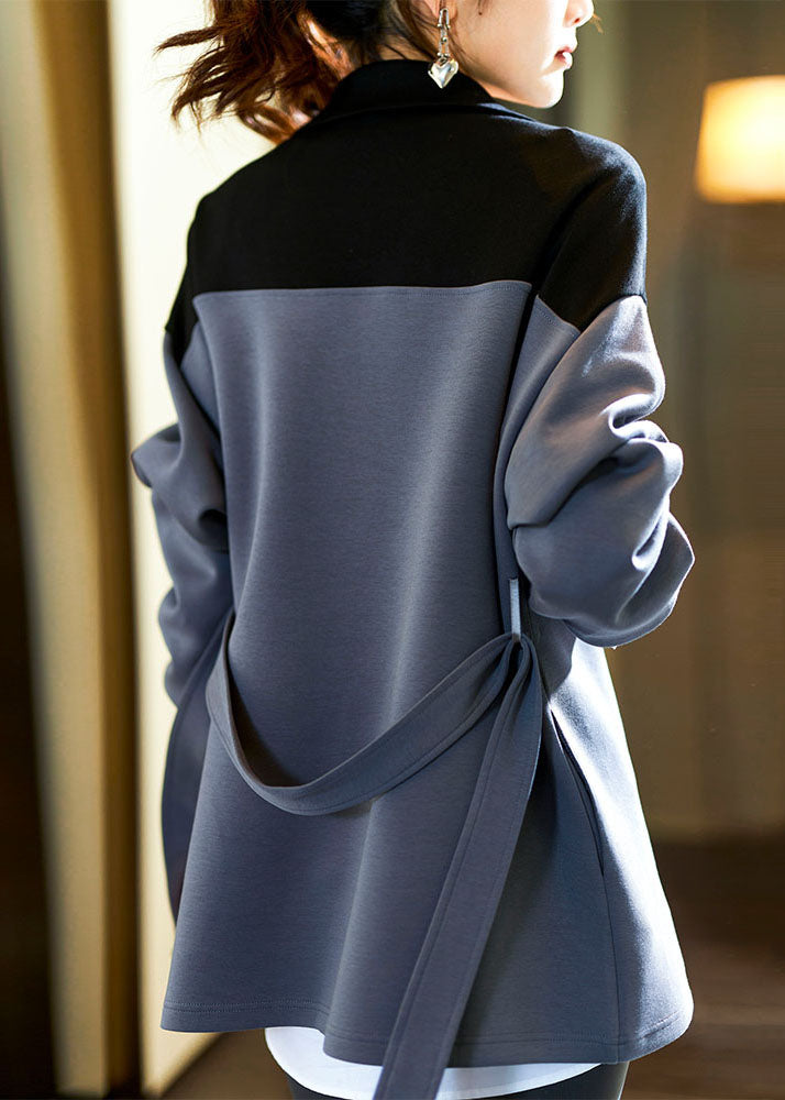 Dark Grey Notched Zippered Patchwork Sweatshirts Long Sleeve