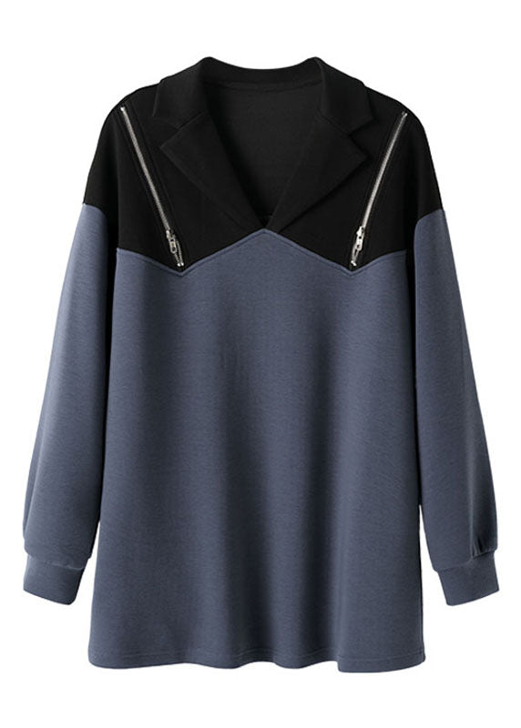 Dark Grey Notched Zippered Patchwork Sweatshirts Long Sleeve