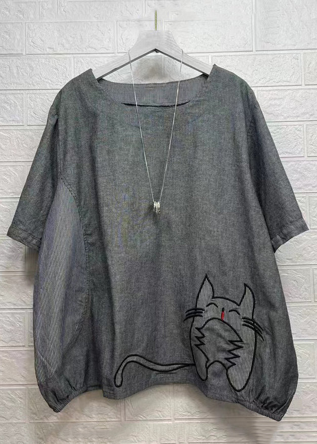 Dark Grey O-neck Embroideried Patchwork T Shirt Tops Summer