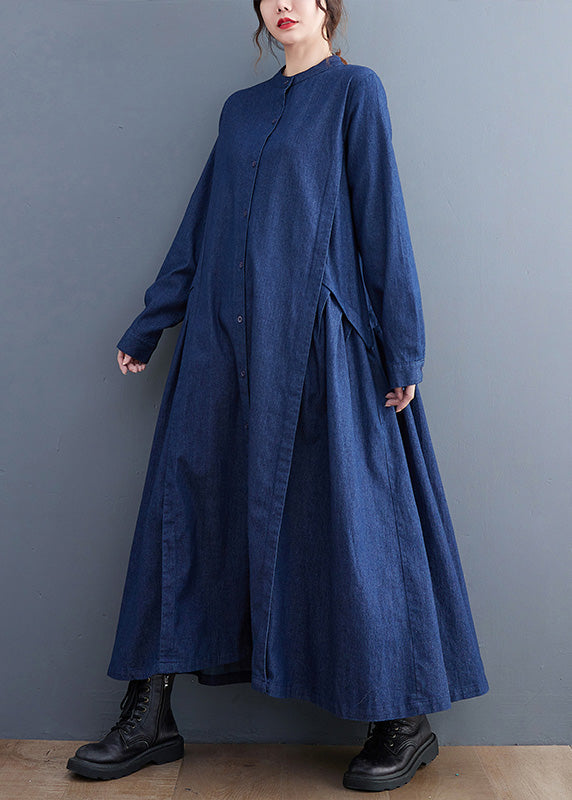 Denim Black Stand Collar Patchwork Wrinkled Button Ankle Shirts Dress Long Sleeve